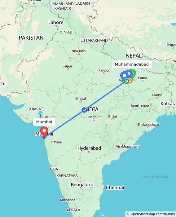 Route map showing distance and travel time from Muhammadabad, India to Mumbai, India
