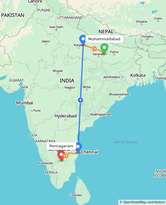 Route map showing distance and travel time from Muhammadabad, India to Pennagaram, India