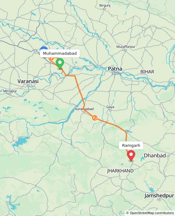 Route map showing distance and travel time from Muhammadabad, India to Ramgarh, India