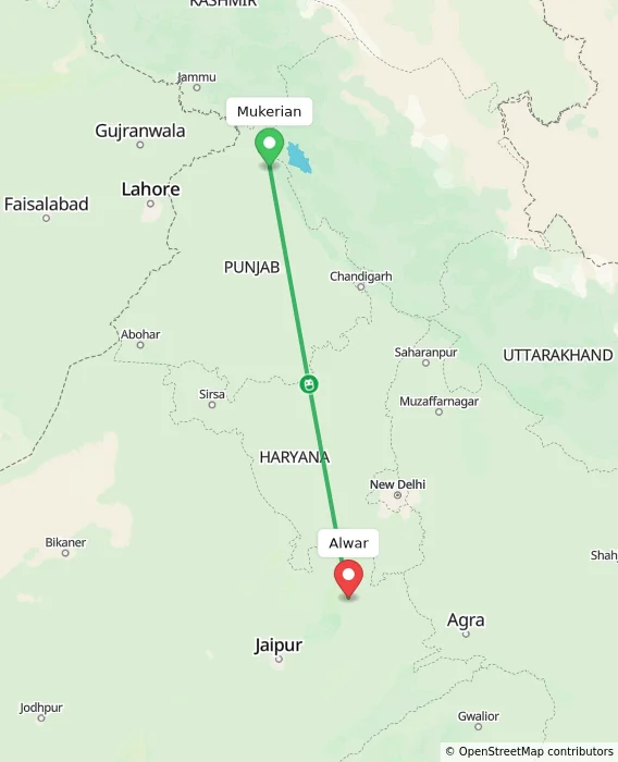 Route map showing distance and travel time from Mukerian, India to Alwar, India