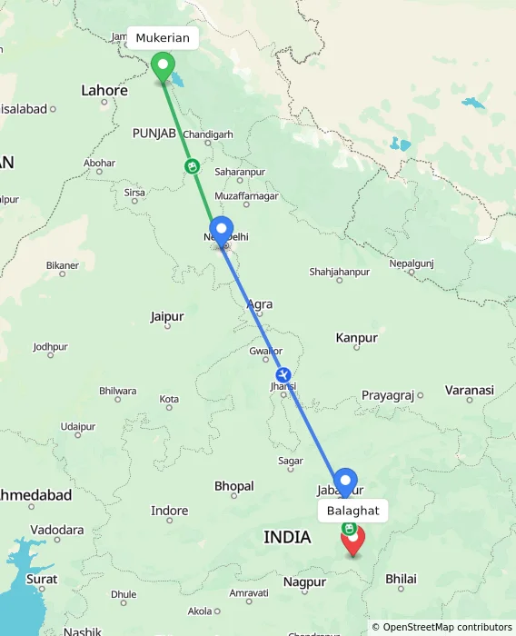 Route map showing distance and travel time from Mukerian, India to Balaghat, India