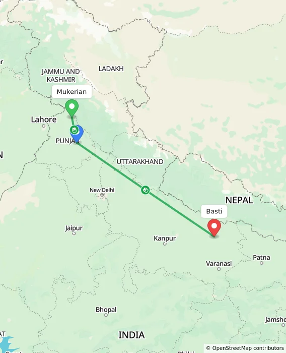 Route map showing distance and travel time from Mukerian, India to Basti, India