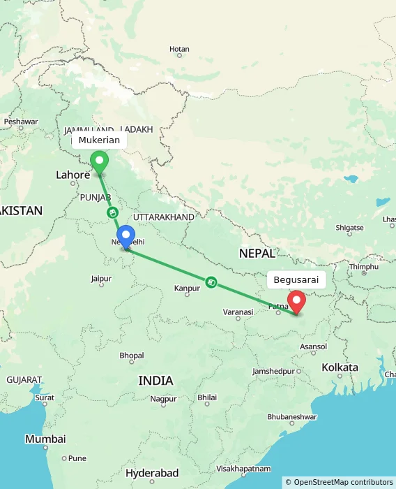 Route map showing distance and travel time from Mukerian, India to Begusarai, India