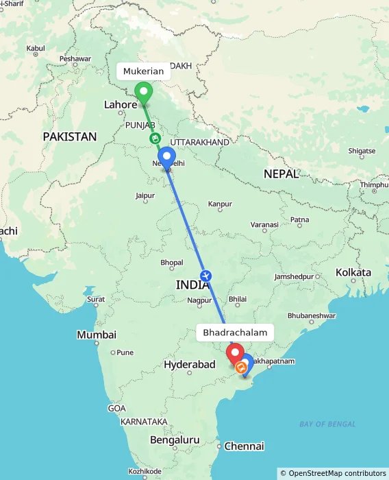 Route map showing distance and travel time from Mukerian, India to Bhadrachalam, India