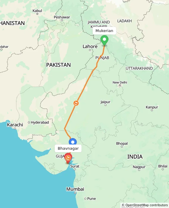 Route map showing distance and travel time from Mukerian, India to Bhavnagar, India