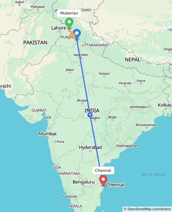 Route map showing distance and travel time from Mukerian, India to Chennai, India