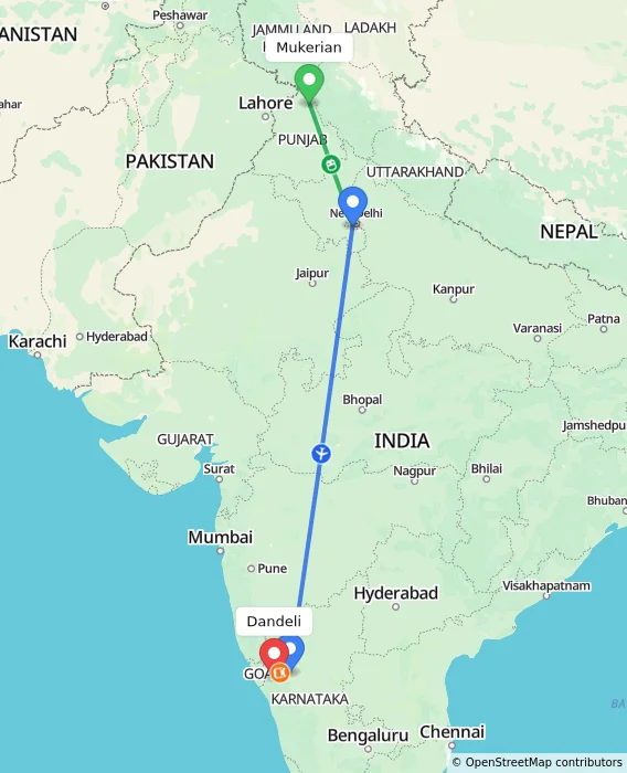 Route map showing distance and travel time from Mukerian, India to Dandeli, India