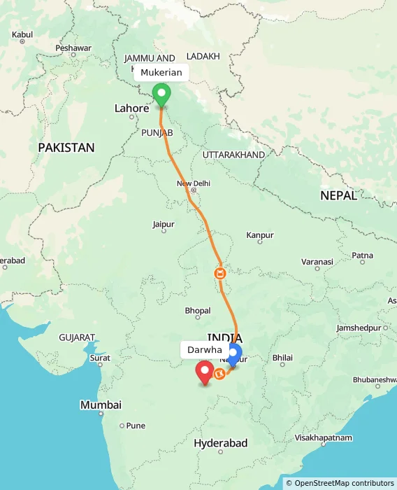 Route map showing distance and travel time from Mukerian, India to Darwha, India