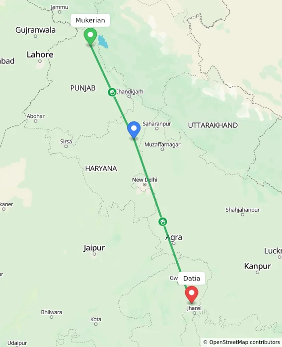 Route map showing distance and travel time from Mukerian, India to Datia, India