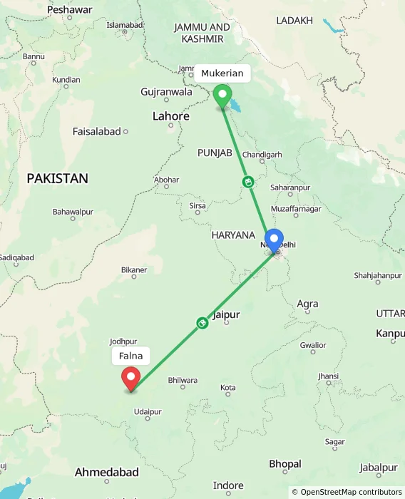 Route map showing distance and travel time from Mukerian, India to Falna, India