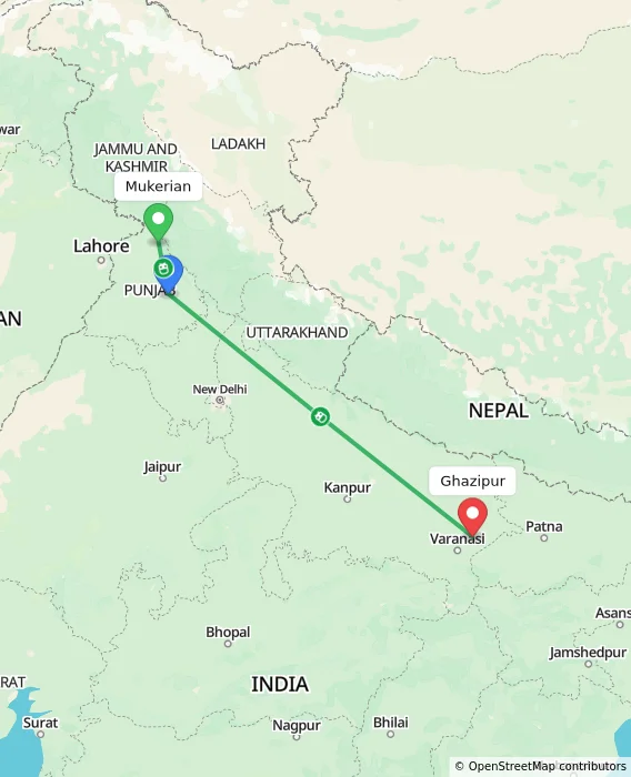 Route map showing distance and travel time from Mukerian, India to Ghazipur, India