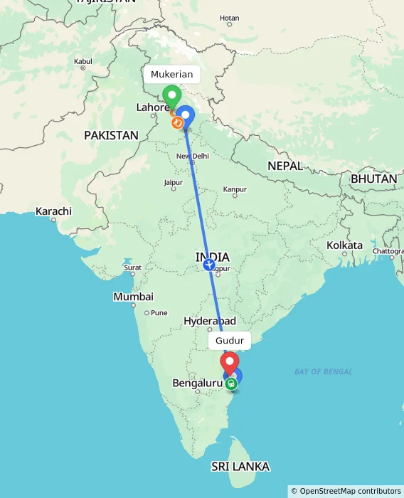 Route map showing distance and travel time from Mukerian, India to Gudur, India