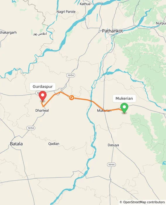 Route map showing distance and travel time from Mukerian, India to Gurdaspur, India