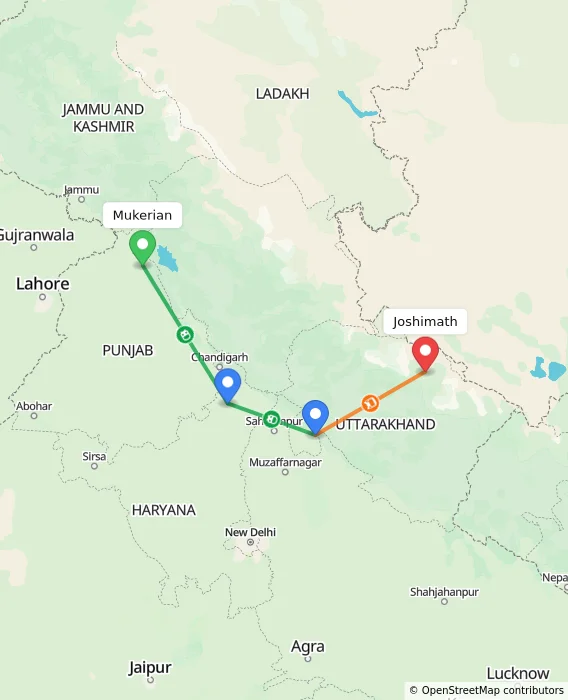 Route map showing distance and travel time from Mukerian, India to Joshimath, India