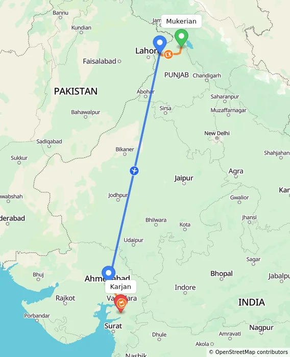 Route map showing distance and travel time from Mukerian, India to Karjan, India