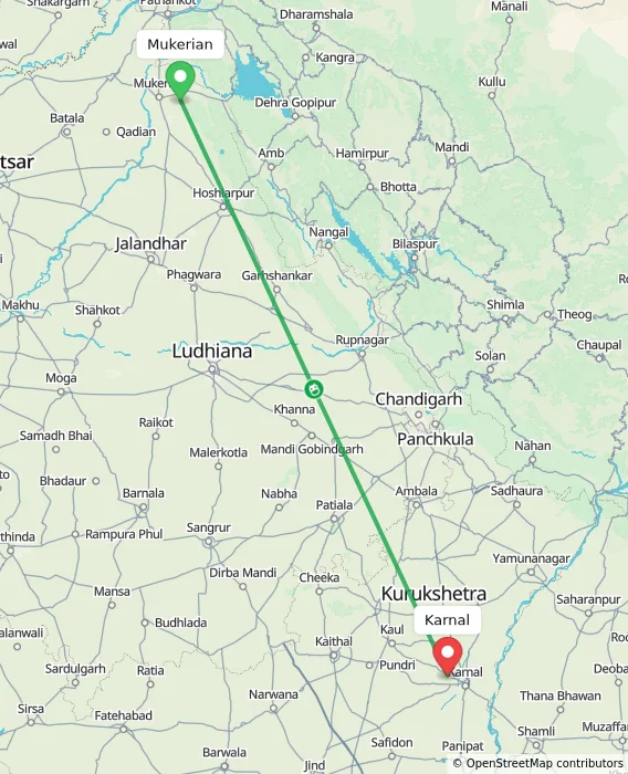 Route map showing distance and travel time from Mukerian, India to Karnal, India
