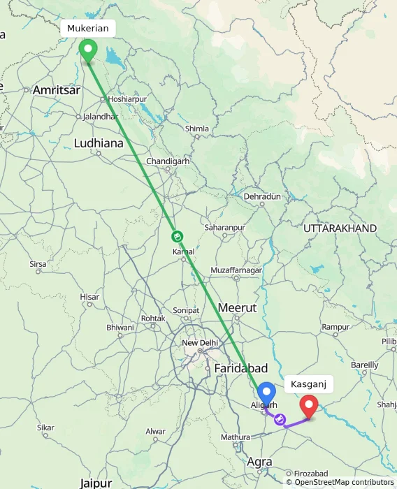 Route map showing distance and travel time from Mukerian, India to Kasganj, India