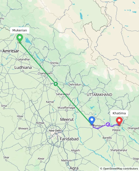 Route map showing distance and travel time from Mukerian, India to Khatima, India