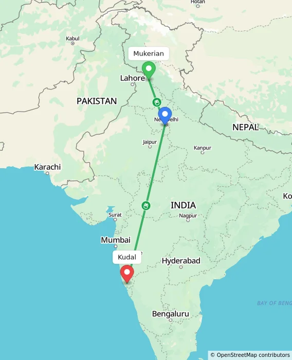 Route map showing distance and travel time from Mukerian, India to Kudal, India