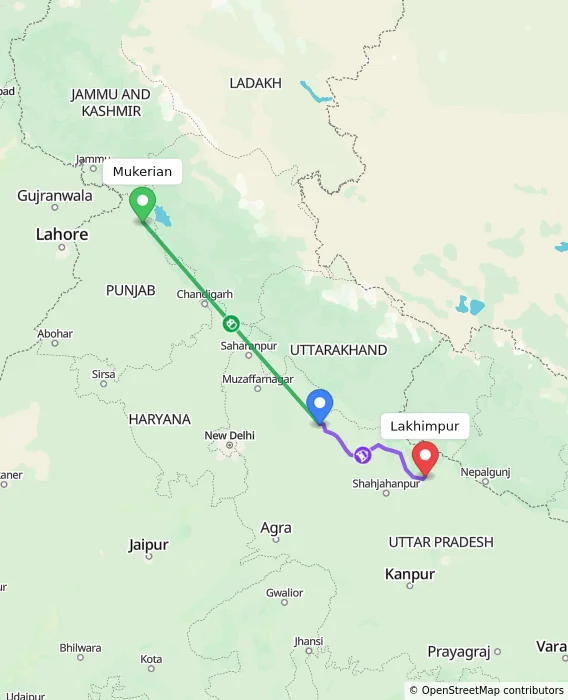 Route map showing distance and travel time from Mukerian, India to Lakhimpur, India