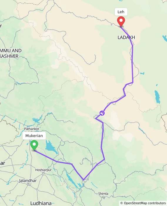 Route map showing distance and travel time from Mukerian, India to Leh, India