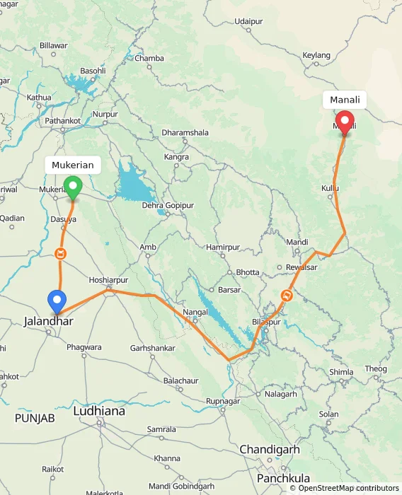 Route map showing distance and travel time from Mukerian, India to Manali, India