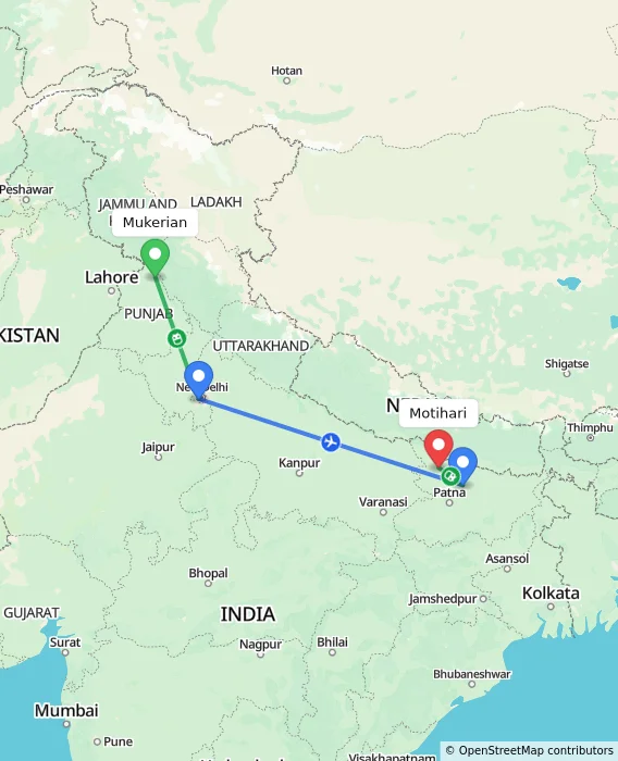 Route map showing distance and travel time from Mukerian, India to Motihari, India