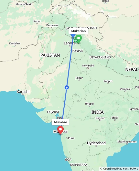 Route map showing distance and travel time from Mukerian, India to Mumbai, India