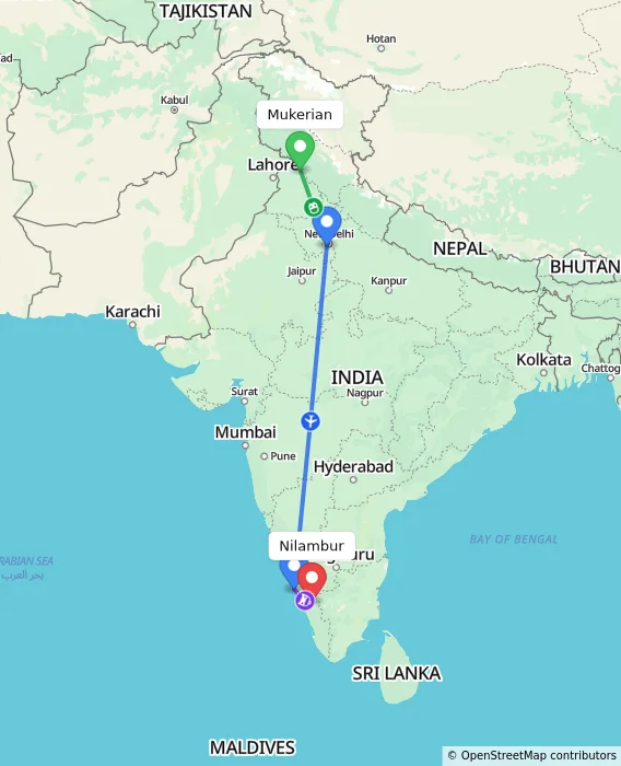 Route map showing distance and travel time from Mukerian, India to Nilambur, India
