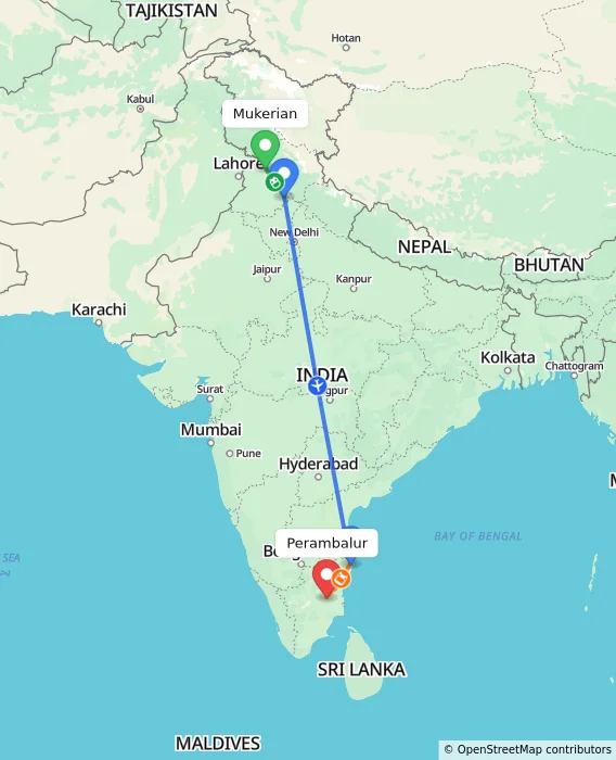 Route map showing distance and travel time from Mukerian, India to Perambalur, India