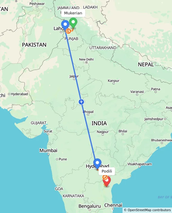 Route map showing distance and travel time from Mukerian, India to Podili, India