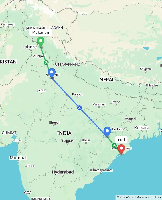 Route map showing distance and travel time from Mukerian, India to Puri, India