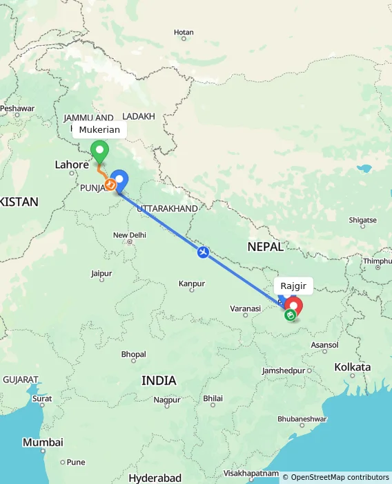 Route map showing distance and travel time from Mukerian, India to Rajgir, India