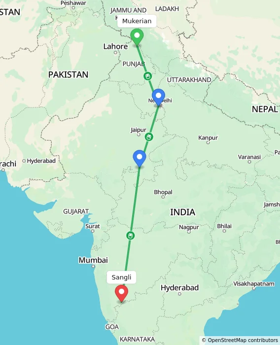 Route map showing distance and travel time from Mukerian, India to Sangli, India