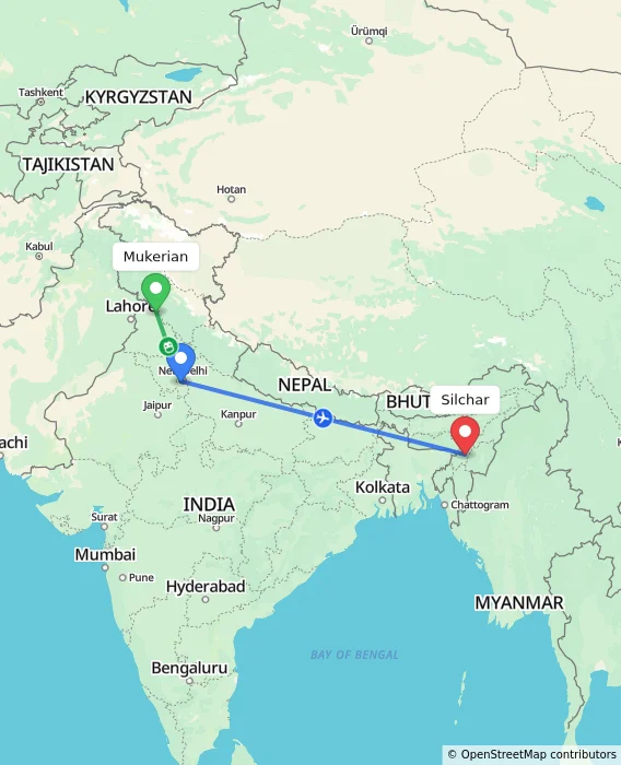 Route map showing distance and travel time from Mukerian, India to Silchar, India