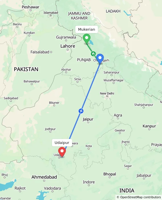 Route map showing distance and travel time from Mukerian, India to Udaipur, India