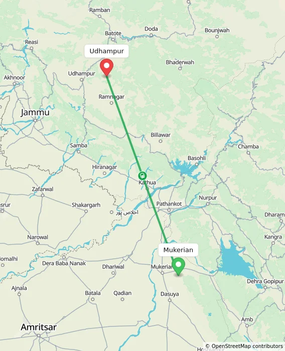 Route map showing distance and travel time from Mukerian, India to Udhampur, India