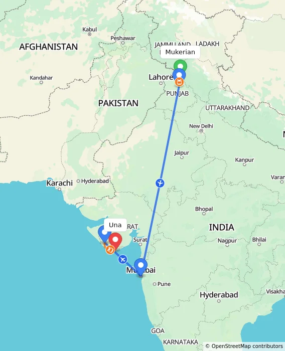 Route map showing distance and travel time from Mukerian, India to Una, India