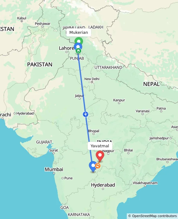 Route map showing distance and travel time from Mukerian, India to Yavatmal, India