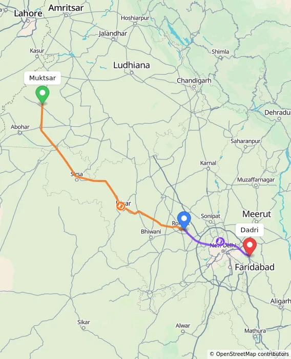 Route map showing distance and travel time from Muktsar, India to Dadri, India