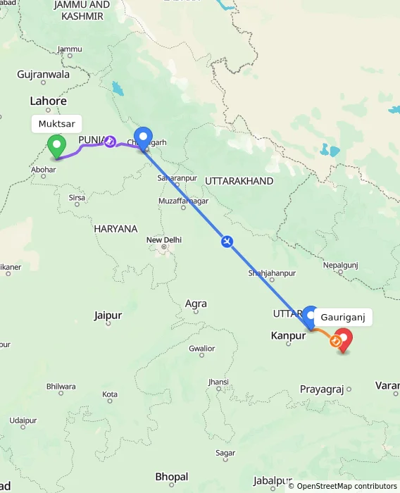 Route map showing distance and travel time from Muktsar, India to Gauriganj, India