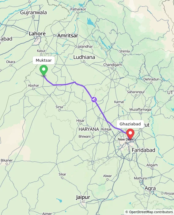Route map showing distance and travel time from Muktsar, India to Ghaziabad, India