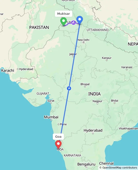 Route map showing distance and travel time from Muktsar, India to Goa, India