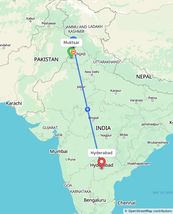 Route map showing distance and travel time from Muktsar, India to Hyderabad, India