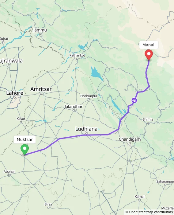 Route map showing distance and travel time from Muktsar, India to Manali, India