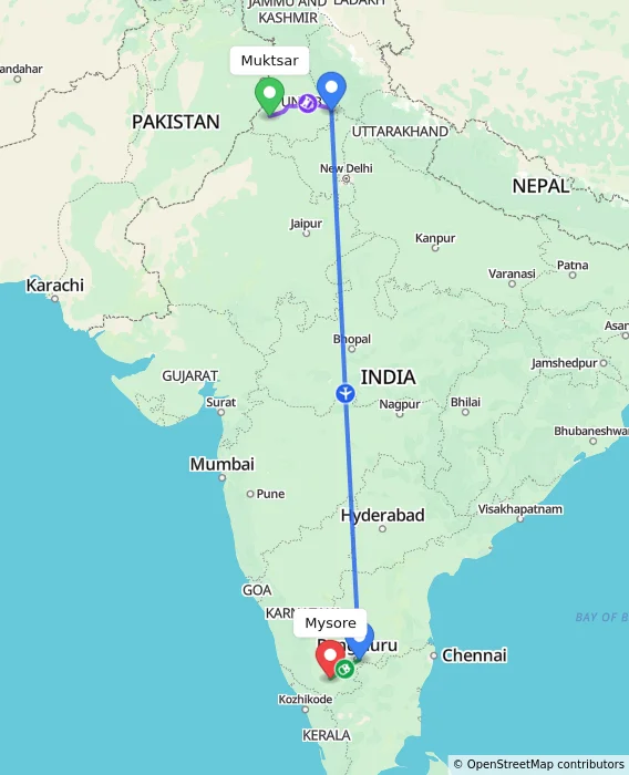 Route map showing distance and travel time from Muktsar, India to Mysore, India