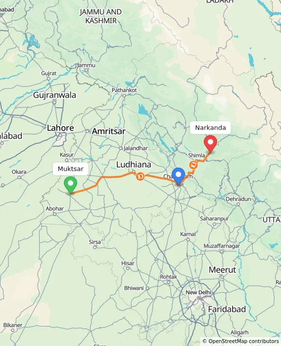 Route map showing distance and travel time from Muktsar, India to Narkanda, India