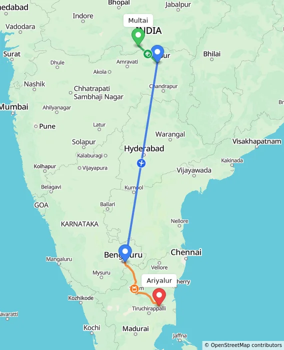 Route map showing distance and travel time from Multai, India to Ariyalur, India