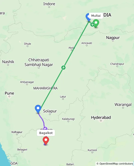 Route map showing distance and travel time from Multai, India to Bagalkot, India