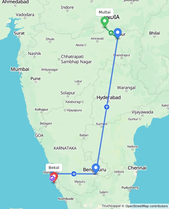 Route map showing distance and travel time from Multai, India to Bekal, India